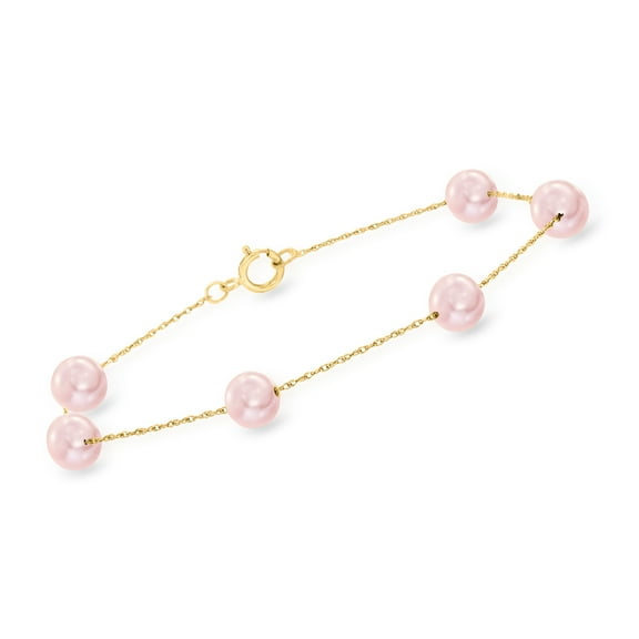 Ross-Simons 6-6.5mm Pink Cultured Pearl Station Bracelet in 14kt Yellow Gold, Women's, Adult