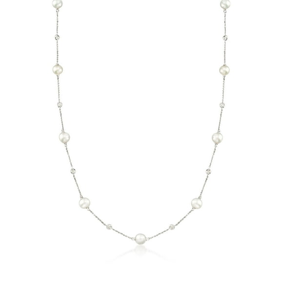Ross-Simons 6-7mm Cultured Pearl and .30 ct. t.w. Diamond Station Necklace in 14kt White Gold, Women's, Adult