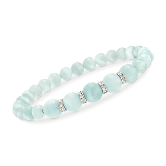 Ross-Simons 6-8mm Graduated Aquamarine Bead and .24 ct. t.w. Diamond Spacer Bracelet in Sterling Silver, Women's, Adult