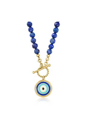 6mm Lapis Bead and Multicolored Enamel Evil Eye Toggle Necklace in 18kt Gold Over Sterling, Women's, Adult