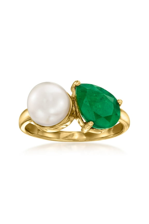 7.5-8mm Cultured Pearl and 2.20 Carat Emerald Toi Et Moi Ring in 18kt Gold Over Sterling, Women's, Adult