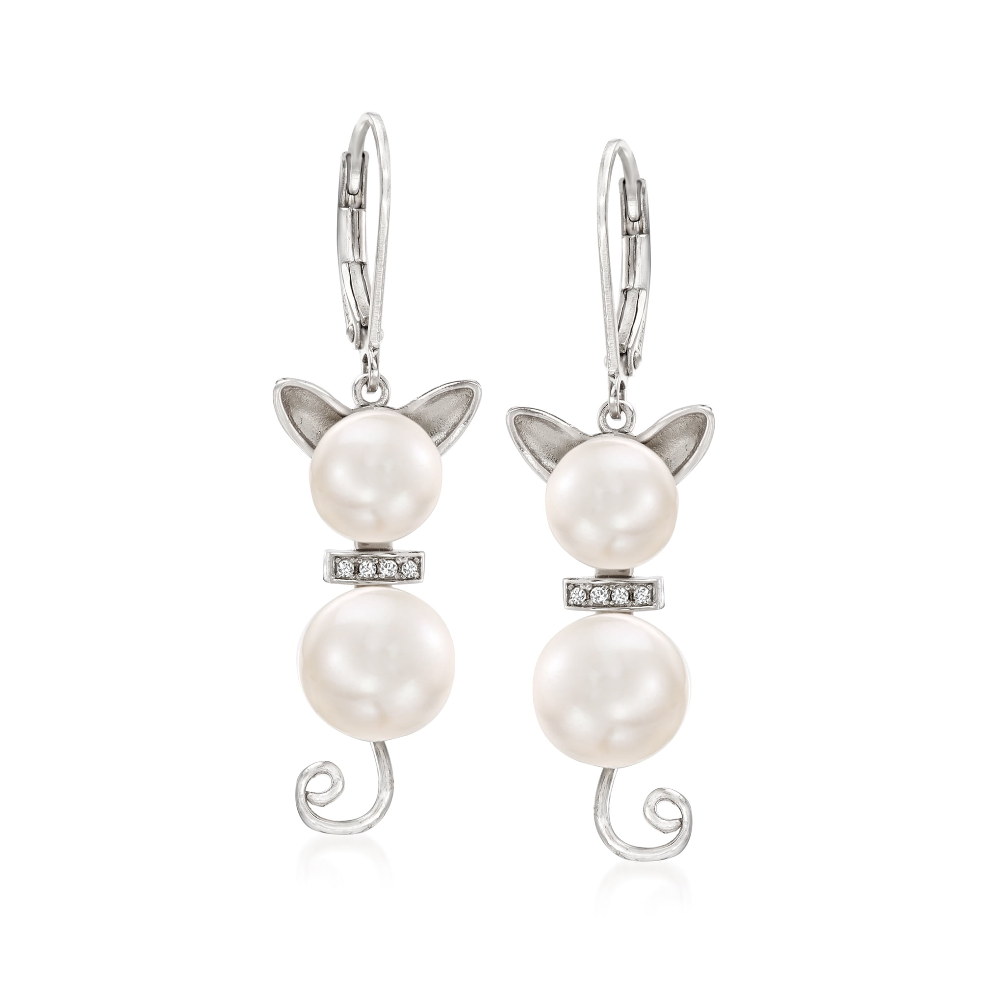 ROSS-SIMONS 7.5-9mm Cultured Pearl and Diamond-Accented Cat Drop Earrings in Sterling Silver, Women's, Adult