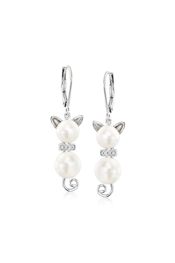 7.5-9mm Cultured Pearl and Diamond-Accented Cat Drop Earrings in Sterling Silver, Women's, Adult