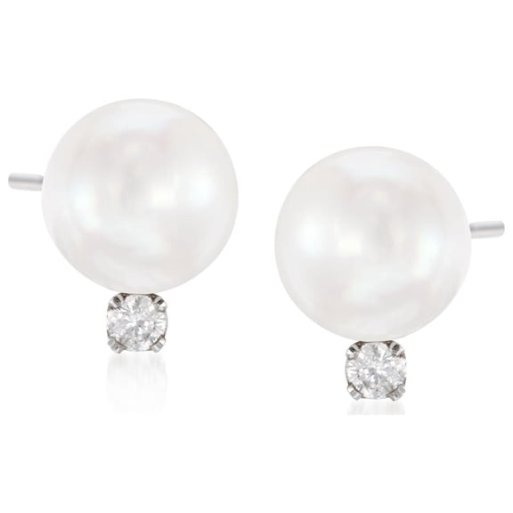 Ross-Simons 7-7.5mm Cultured Akoya Pearl and .10 ct. t.w. Diamond Earrings in 14kt White Gold, Women's, Adult