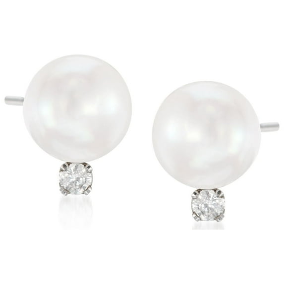 Ross-Simons 7-7.5mm Cultured Akoya Pearl and .10 ct. t.w. Diamond Earrings in 14kt White Gold, Women's, Adult