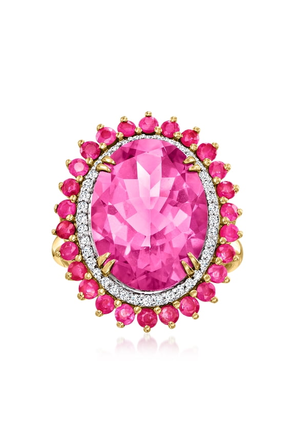 8.25 Carat Pink Topaz and .90 ct. t.w. Ruby Cocktail Ring With .19 ct. t.w. Diamonds in 14kt Yellow Gold, Women's, Adult