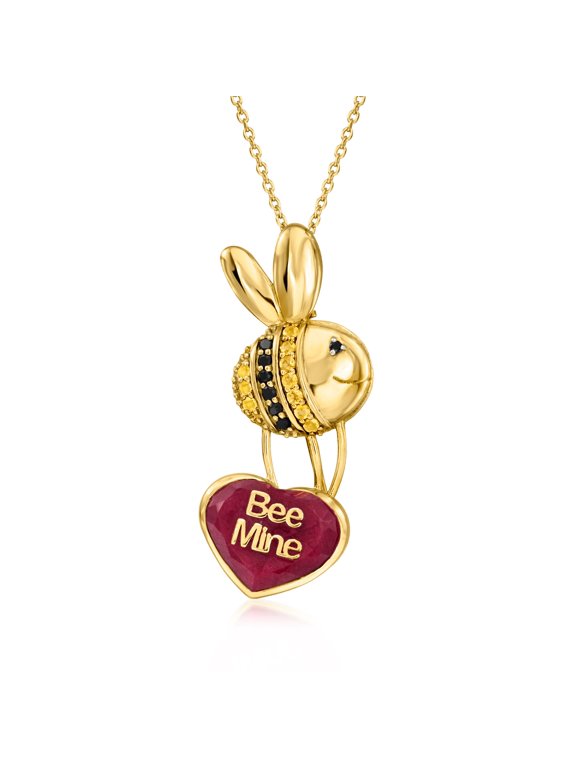 8.25 Carat Ruby "Bee Mine" Bumblebee Heart Pendant Necklace With .10 ct. t.w. Citrines and .10 ct. t.w. Black Spinels in 18kt Gold Over Sterling, Women's, Adult