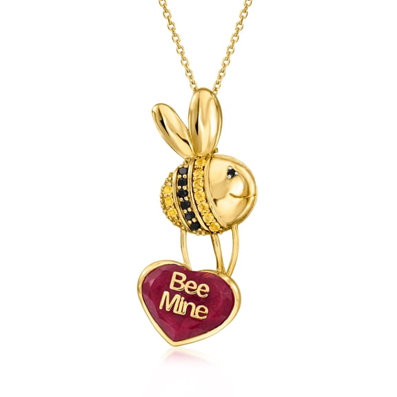 Ross-Simons 8.25 Carat Ruby "Bee Mine" Bumblebee Heart Pendant Necklace With .10 ct. t.w. Citrines and .10 ct. t.w. Black Spinels in 18kt Gold Over Sterling, Women's, Adult
