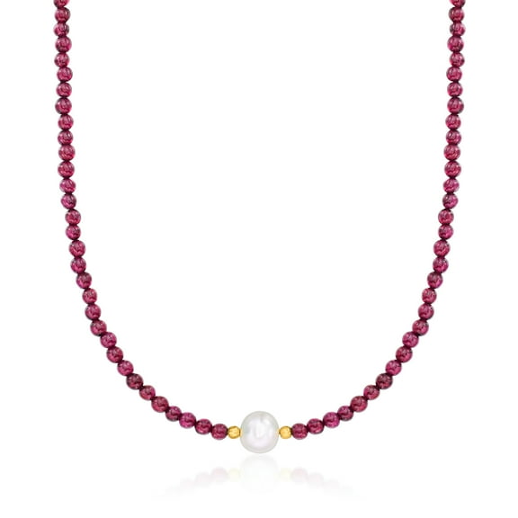 Ross-Simons 8.5-9.5mm Cultured Pearl and 55.00 ct. t.w. Garnet Bead Necklace With 18kt Gold Over Sterling, Women's, Adult