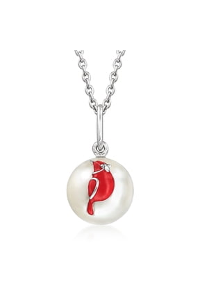 8.5-9mm Cultured Pearl and Red Enamel Cardinal Pendant Necklace in Sterling Silver, Women's, Adult
