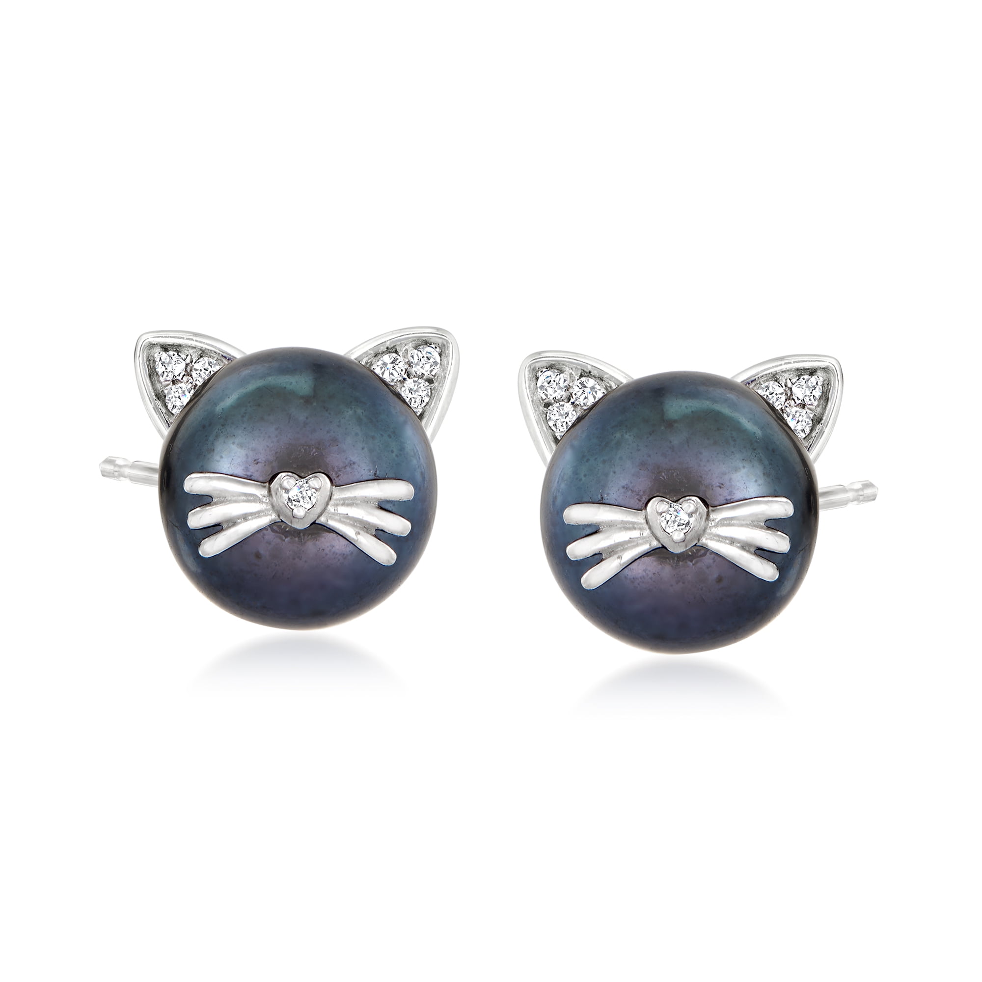 Ross-Simons 8-8.5mm Black Cultured Pearl Cat Earrings With Diamond