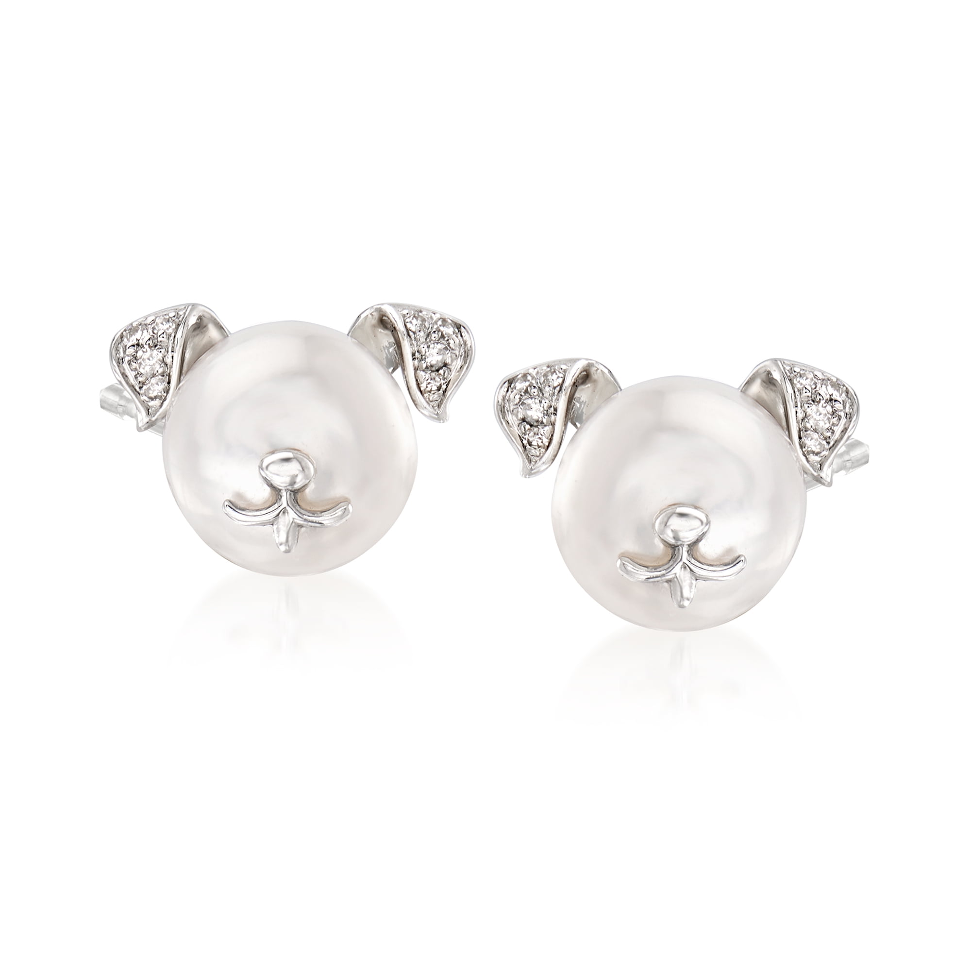 ROSS-SIMONS 8-8.5mm Cultured Pearl Dog Earrings With Diamond Accents in Sterling Silver, Women's, Adult