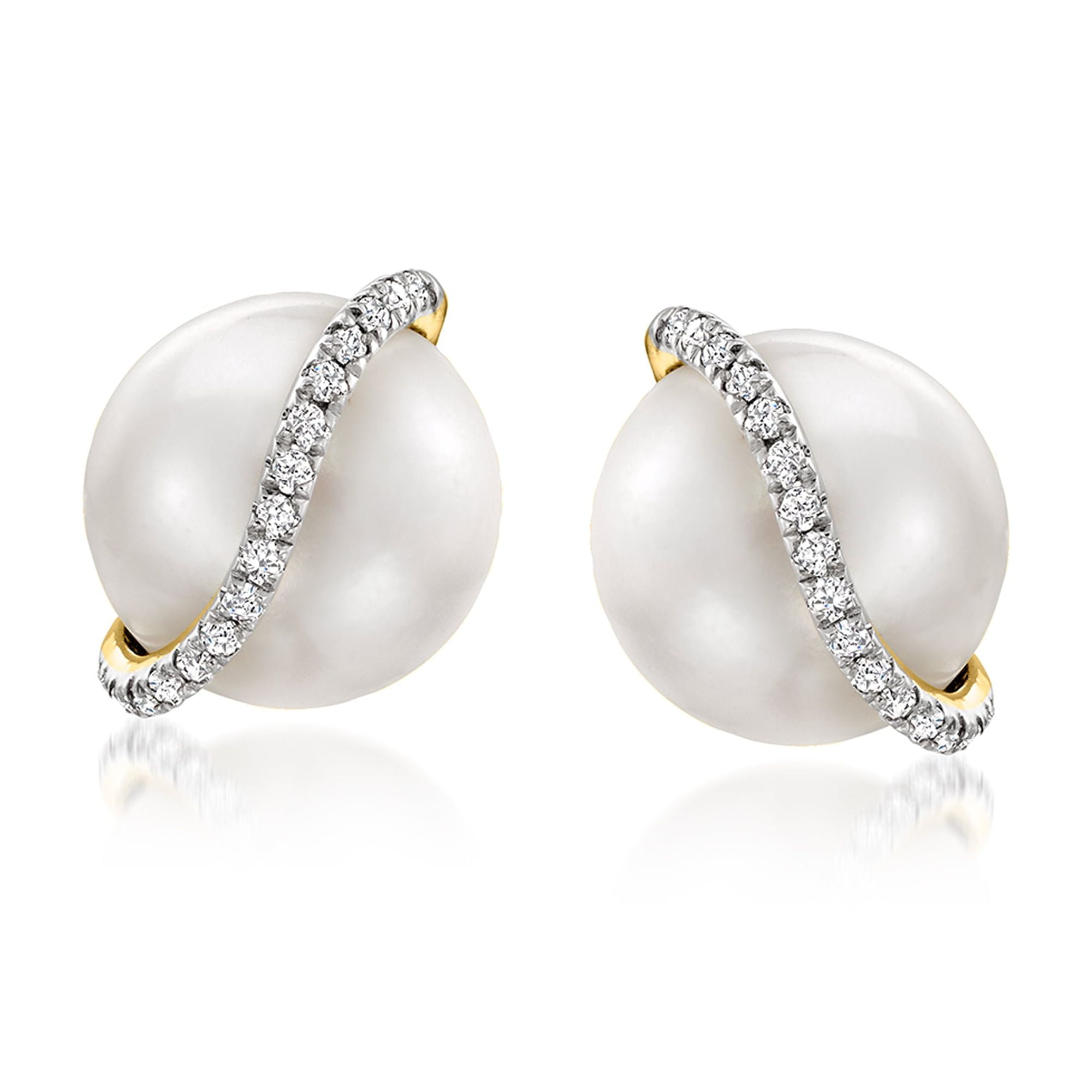 ROSS-SIMONS 8-8.5mm Cultured Pearl Stud Earrings With Diamond Accents in 14kt Yellow Gold, Women's, Adult
