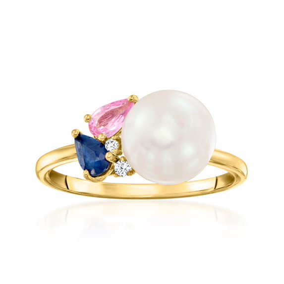 Ross-Simons 8-8.5mm Cultured Pearl and .40 ct. t.w. Multicolored Sapphires With Diamonds in 18kt Gold Over Sterling, Women's, Adult