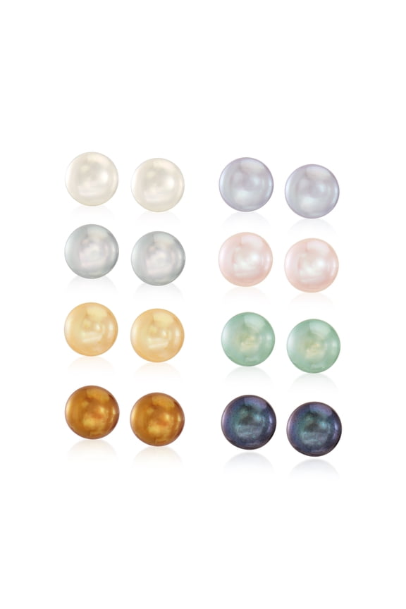 8-8.5mm Multicolored Cultured Pearl Jewelry Set: 8 Pairs Of Stud Earrings in Sterling Silver, Women's, Adult