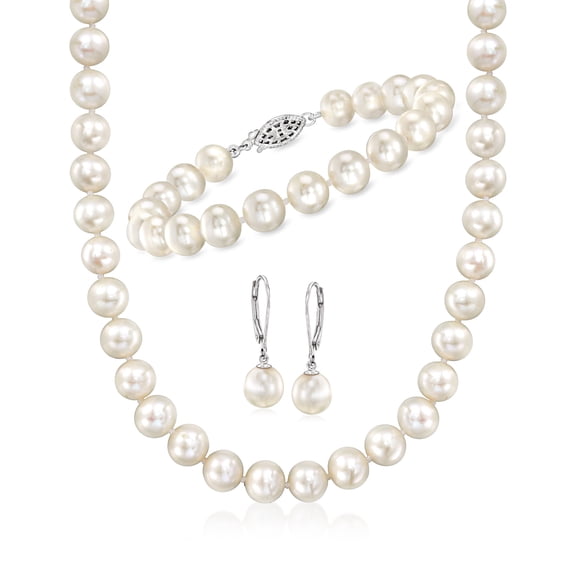 Ross-Simons 8-9mm Cultured Pearl Jewelry Set: Bracelet, Necklace and Drop Earrings With Sterling Silver, Women's, Adult