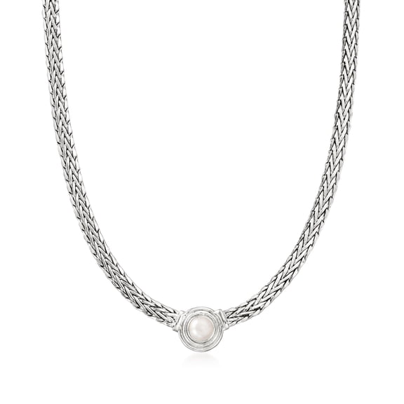 Ross-Simons 8mm Cultured Pearl Flat Wheat-Chain Necklace in Sterling Silver, Women's, Adult
