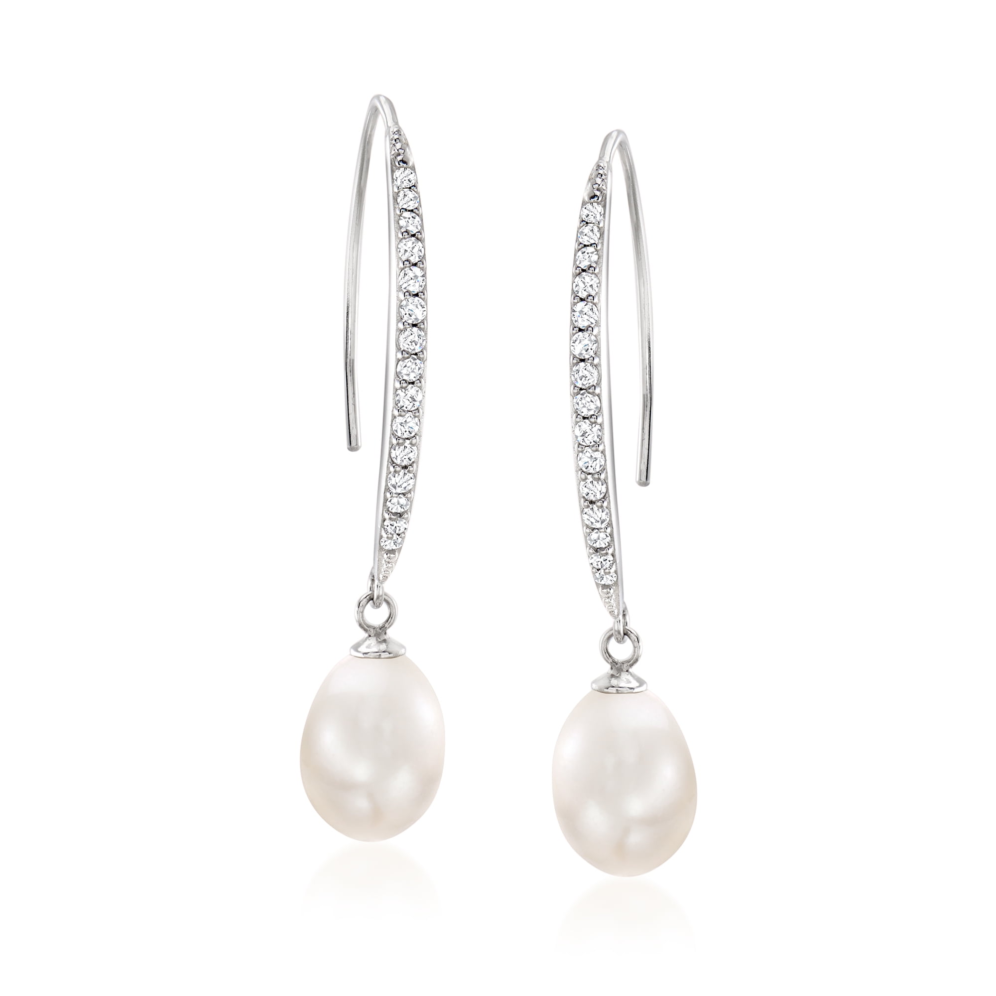 ROSS-SIMONS 8x10mm Cultured Pearl and .38 ct. t.w. CZ Drop Earrings in Sterling Silver, Women's, Adult