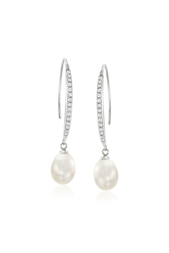 8x10mm Cultured Pearl and .38 ct. t.w. CZ Drop Earrings in Sterling Silver, Women's, Adult