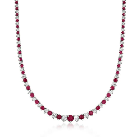 Ross-Simons 9.00 ct. t.w. Ruby and 1.50 ct. t.w. Diamond Tennis Necklace in Sterling Silver, Women's, Adult