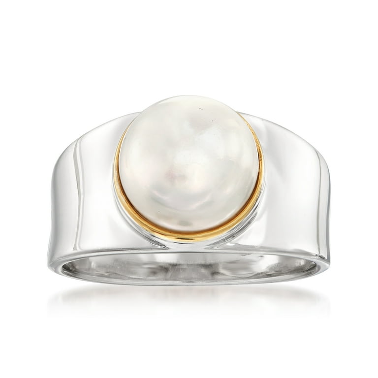 Gold-plated 9.5-10mm White Cultured Freshwater Pearl Ring Hammered Band Gold-plated 9.5-10mm White Cultured Freshwater Pearl Ring Hammered Band