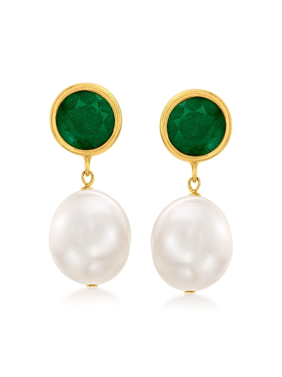 9.5-10mm Cultured Pearl and 3.50 ct. t.w. Emerald Drop Earrings in 14kt Yellow Gold, Women's, Adult