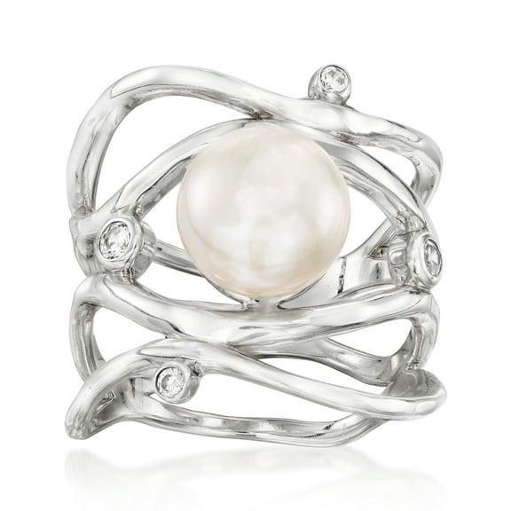 Ross-Simons 9-9.5mm Cultured Pearl Highway Ring With Czs in Sterling Silver, Women's, Adult