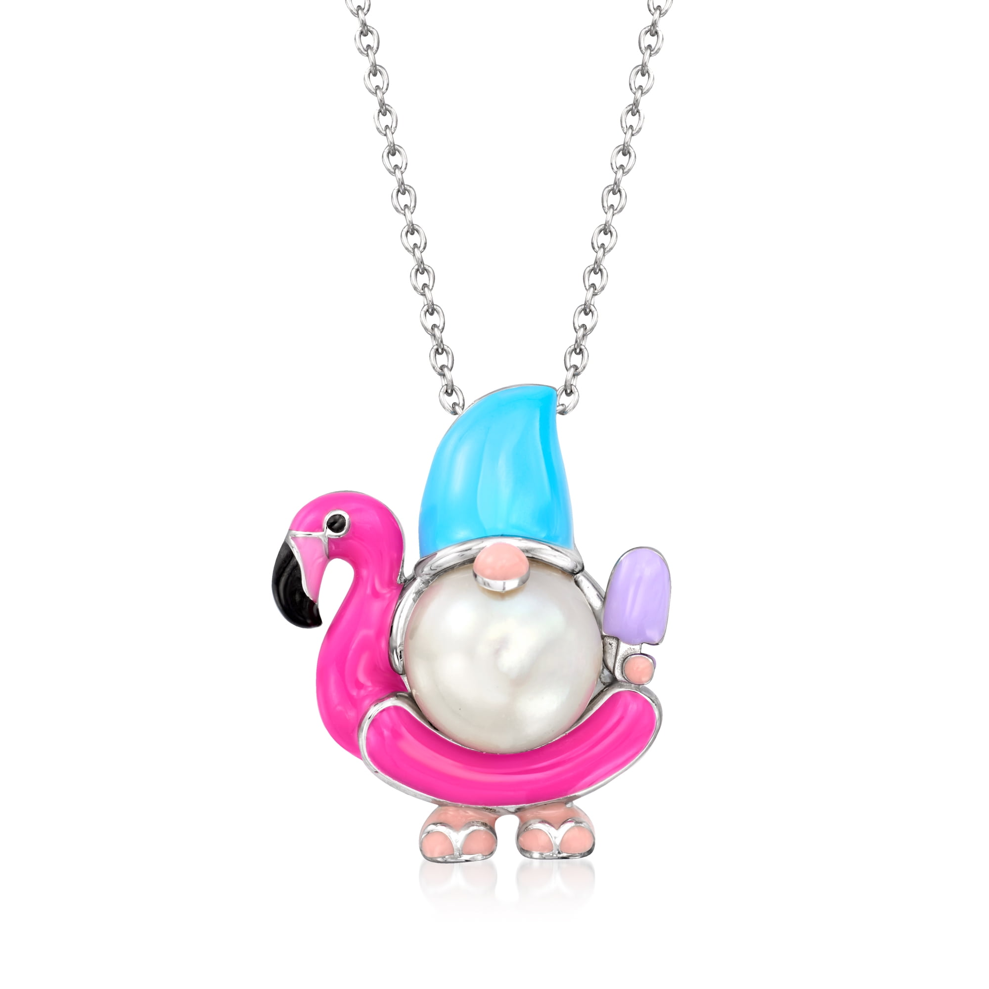 ROSS-SIMONS 9-9.5mm Cultured Pearl and Multicolored Enamel Flamingo Floatie Gnome Pendant Necklace in Sterling Silver, Women's, Adult