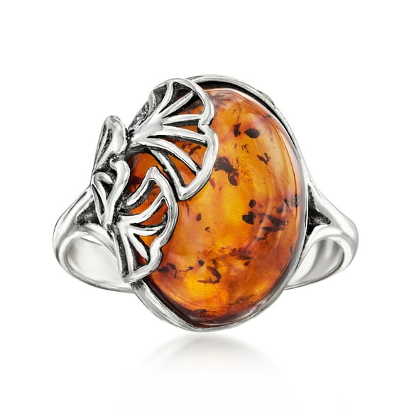 Ross-Simons Amber Ginkgo Leaf Ring in Sterling Silver, Women's, Adult