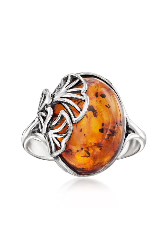 Amber Ginkgo Leaf Ring in Sterling Silver, Women's, Adult