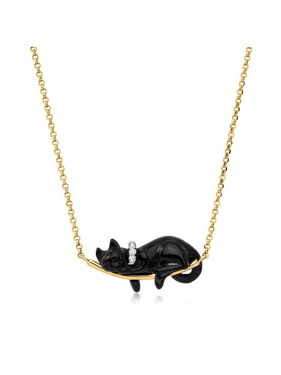 Black Agate Cat Necklace With White Topaz in 18kt Gold Over Sterling, Women's, Adult
