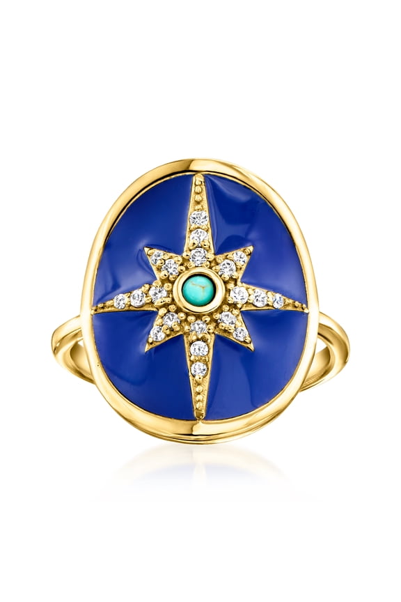 Blue Enamel, Turquoise and .20 ct. t.w. White Zircon North Star Ring in 18kt Gold Over Sterling, Women's, Adult