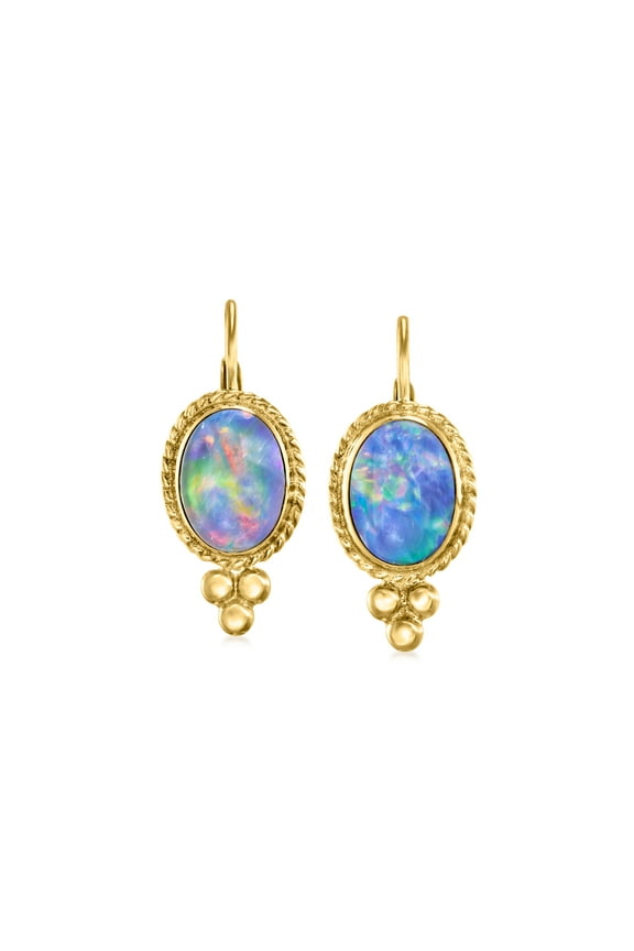 Blue Opal Triplet Drop Earrings in 14kt Yellow Gold, Women's, Adult