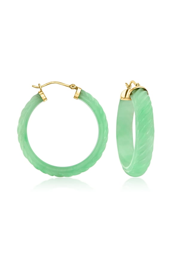 Carved Jade Hoop Earrings With 14kt Yellow Gold, Women's, Adult