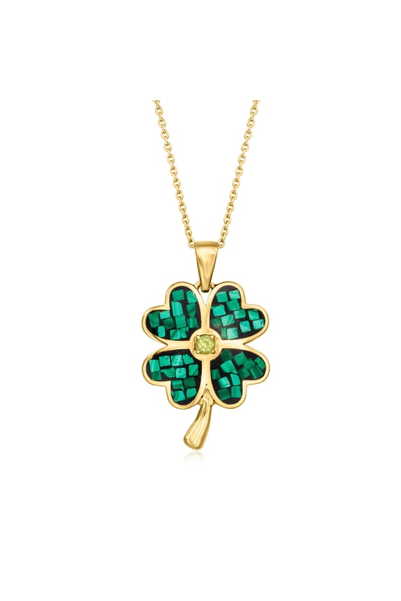 Carved Malachite Inlay 4-Leaf Clover Pendant Necklace With .10 Carat Peridot in 18kt Gold Over Sterling, Women's, Adult