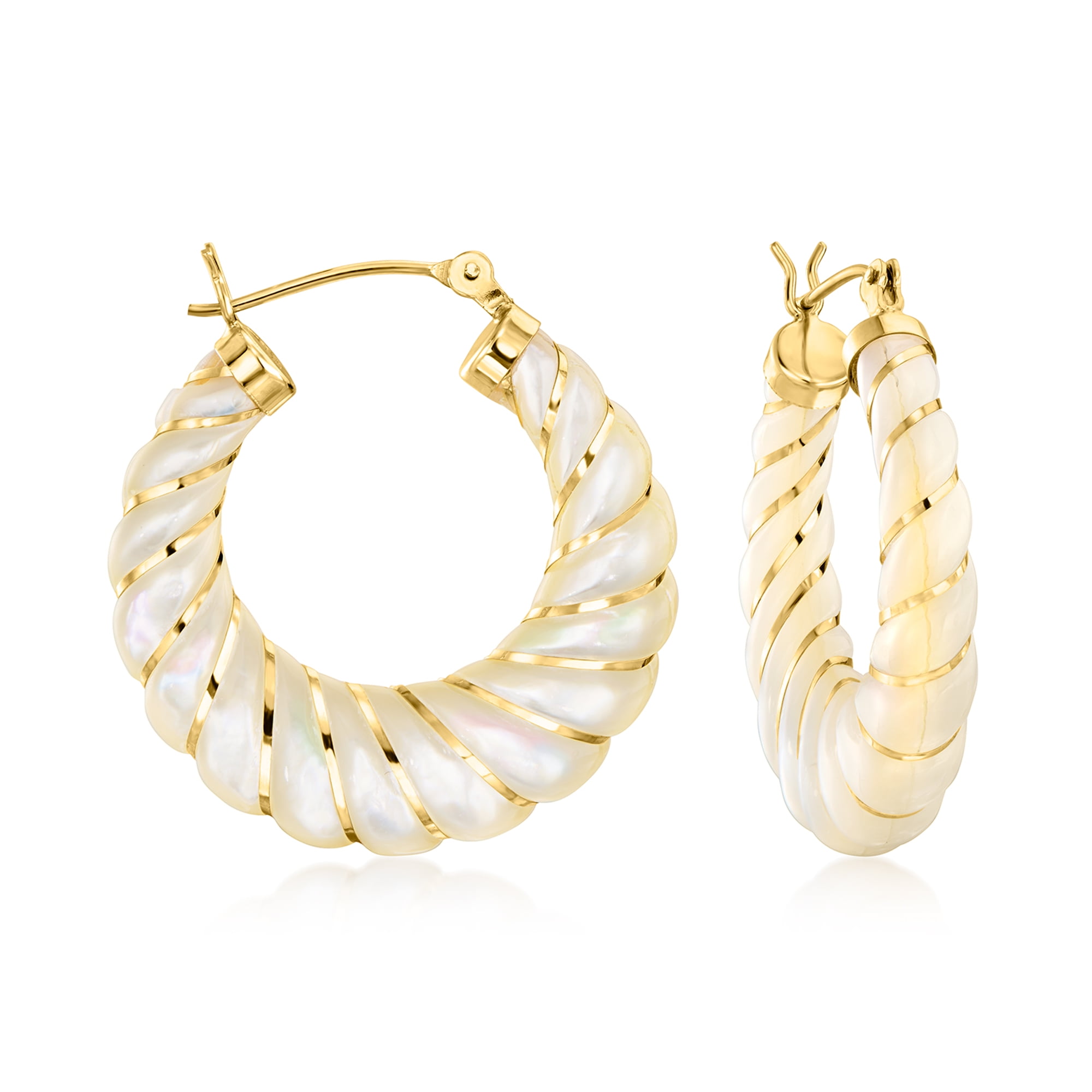 Ross-Simons Carved Mother-Of-Pearl Hoop Earrings With 14kt Yellow Gold, Women's, Adult