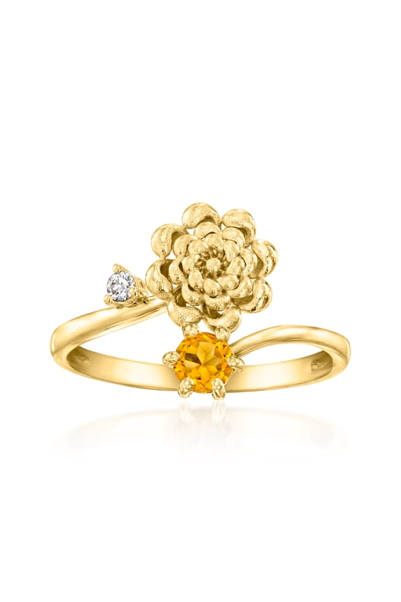 Chrysanthemum Flower/November Birthstone Ring With .10 Carat Citrine and Single Lab-Grown Diamond in 18kt Gold Over Sterling, Women's, Adult