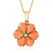 Ross-Simons Coral Flower Pendant Necklace With Diamond Accent in 14kt Yellow Gold, Womens, Adult