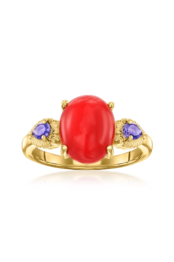 Coral Ring With .20 ct. t.w. Iolites in 18kt Gold Over Sterling, Women's, Adult