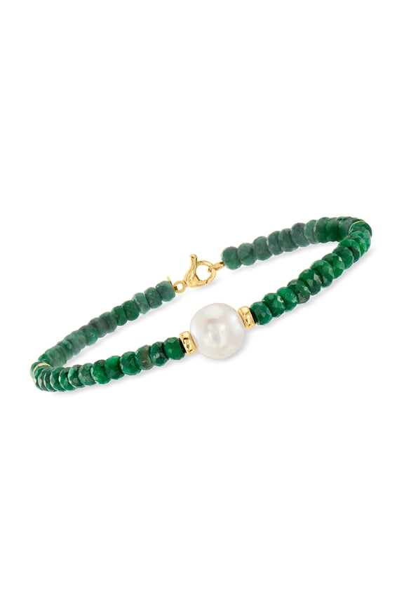 Cultured Pearl and 26.00 ct. t.w. Emerald Bead Bracelet in 14kt Yellow Gold, Women's, Adult