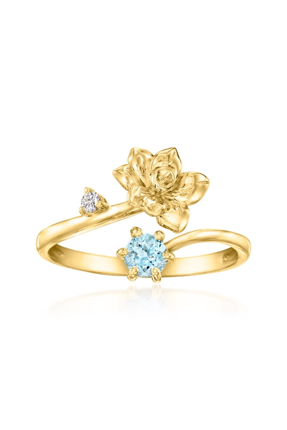 Daffodil Flower/March Birthstone Ring With .20 Carat Aquamarine and Single Lab-Grown Diamond in 18kt Gold Over Sterling, Women's, Adult