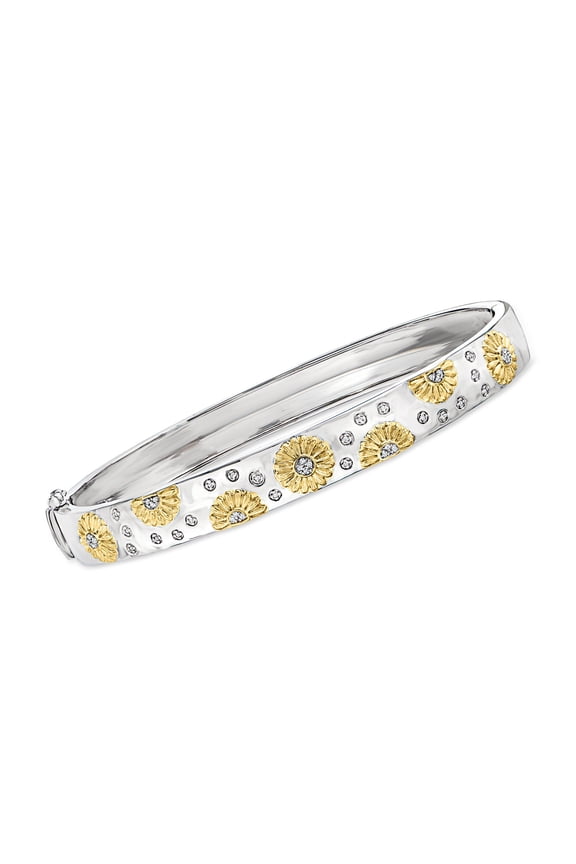 Diamond-Accented Sunflower Bangle Bracelet in 2-Tone Sterling Silver, Women's, Adult