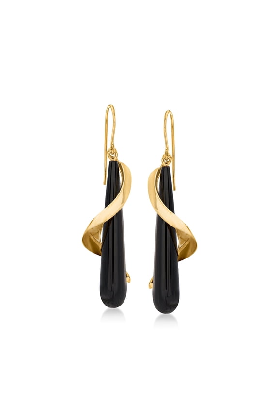 Elongated Black Onyx Teardrop Spiral Earrings in 14kt Yellow Gold, Women's, Adult