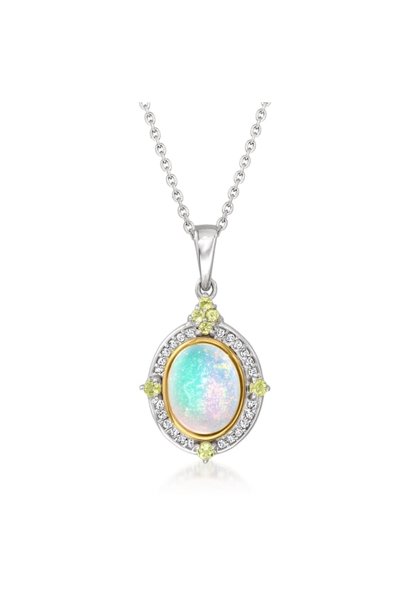 Ethiopian Opal, .10 ct. t.w. Diamond and .10 ct. t.w. Peridot Pendant Necklace in Sterling Silver With 14kt Yellow Gold, Women's, Adult