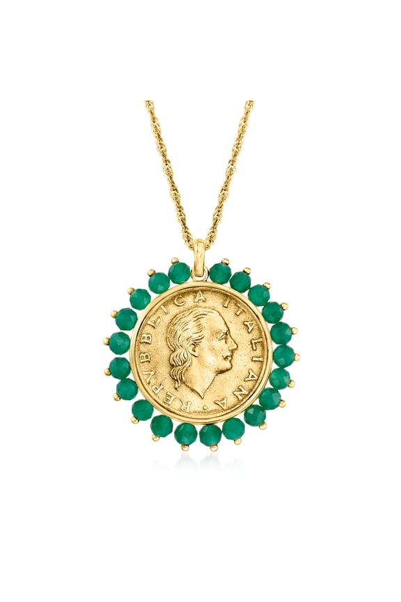 Genuine 200-Lira Coin and Green Agate Medallion Pendant Necklace in 18kt Gold Over Sterling, Women's, Adult
