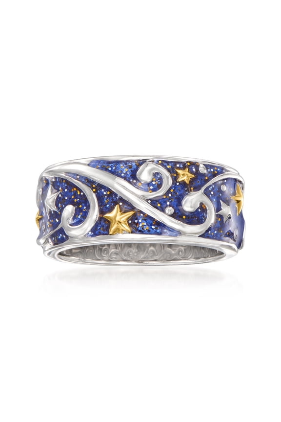 Glittery Blue Enamel Celestial Ring in 2-Tone Sterling Silver, Women's, Adult