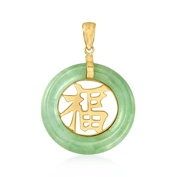 Ross-Simons Green Jadeite Jade "Blessing" Chinese Fu Symbol Circle Pendant in 14kt Yellow Gold, Women's, Adult