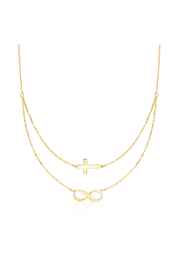 Italian 14kt Yellow Gold Infinity and Cross Symbol Layered Necklace, Women's, Adult