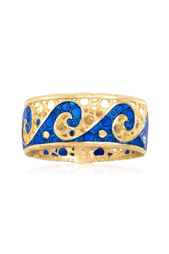 Italian 14kt Yellow Gold Wave Ring With Blue Enamel, Women's, Adult