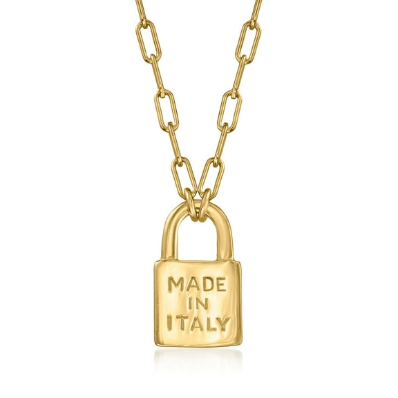 Ross-Simons Italian 18kt Gold Over Sterling "Made in Italy" Lock Pendant Paper Clip Link Necklace, Women's, Adult